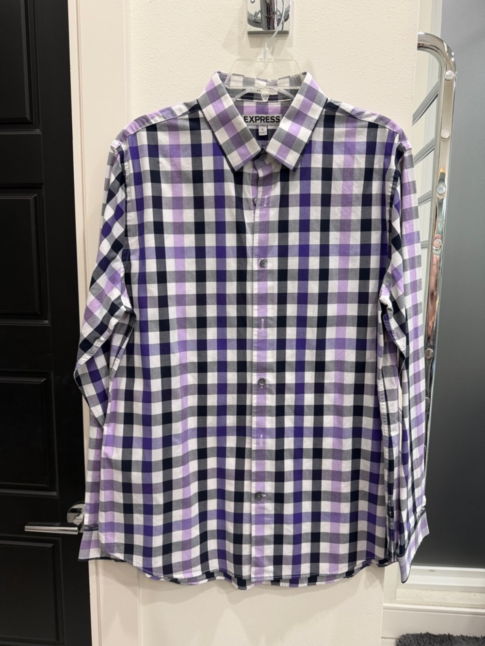 Express Men's Lavender and Black Plaid Button-Down Shirt